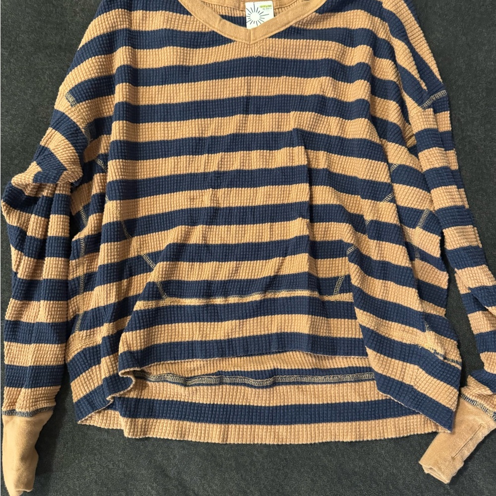 Navy and Tan Striped V-Neck Sweater